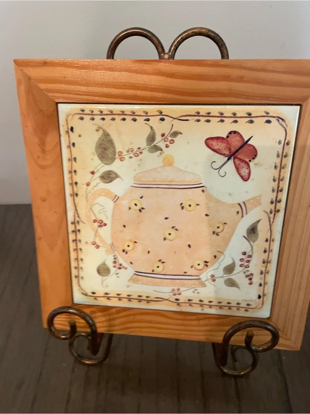 Wood-Framed Ceramic Tile Tea Service Wall Plaques - Red & Cream